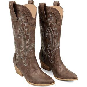 Women Synthetic Brown Boots Mid-calf Pointy Toe Chunky Heels Embroidered Boot